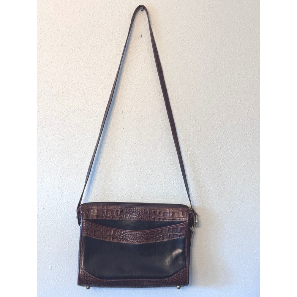 Brahmin Vintage Black Brown Croc Embossed Leather Crossbody Bag Medallion Luxury